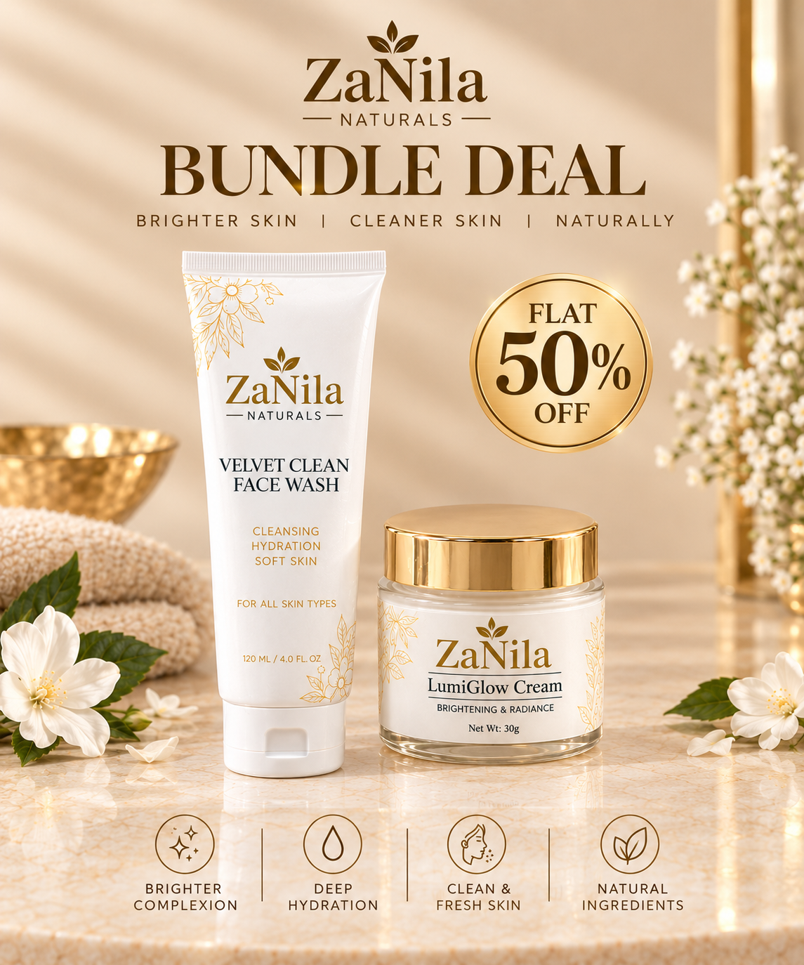 Zanila Naturals Glow & Clean Bundle – LumiGlow Cream + Velvet Clean Face Wash | Flat 50% OFF