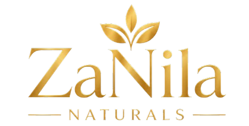 The logo for ZaNila Naturals, featuring elegant gold serif lettering with a stylized leaf emblem above the 'Z', set against a solid white background.